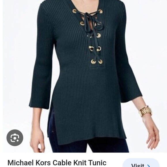Michael Kors Knit Tunic with Grommet and Lace Detail in Blue - Picture 1 of 12
